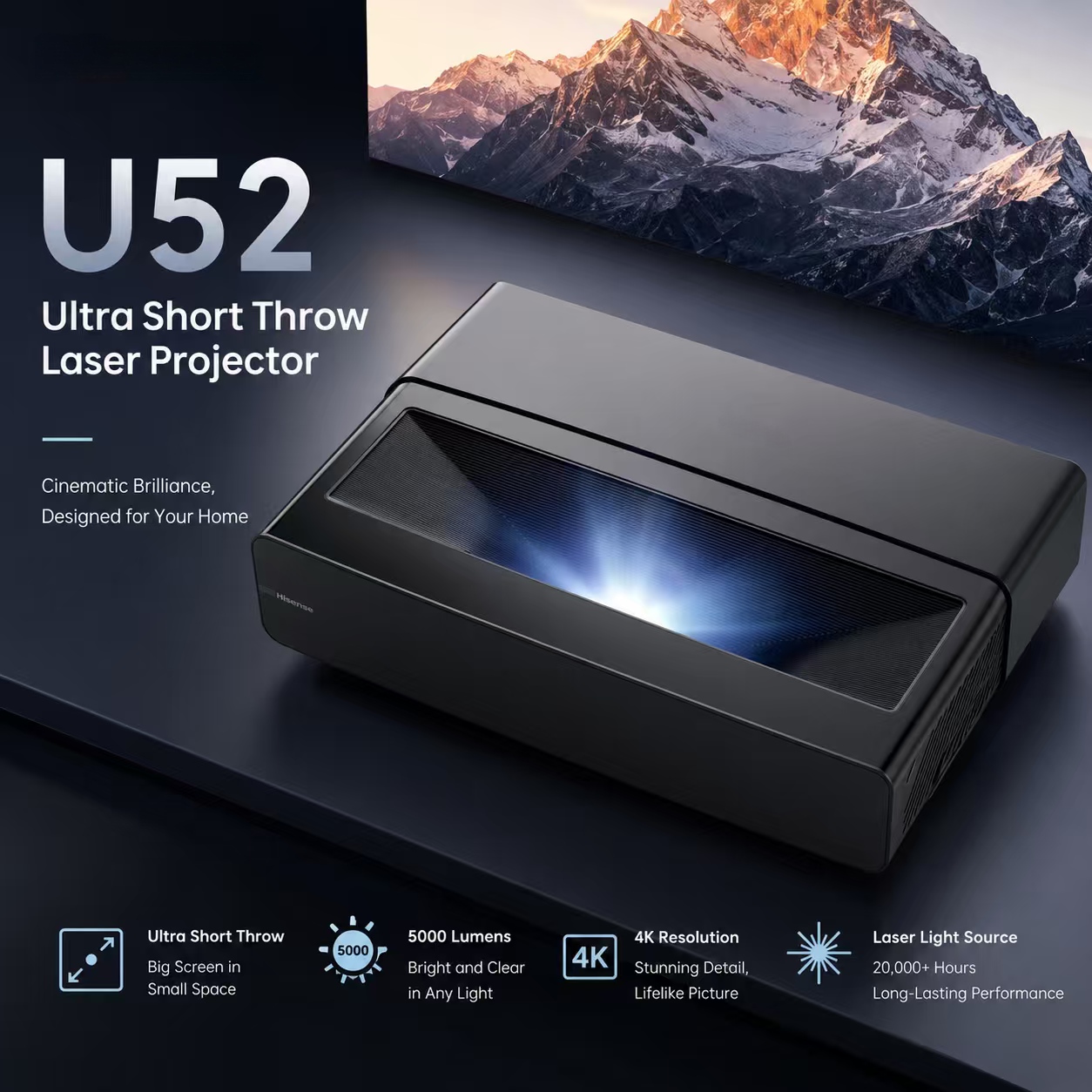 Home Cinema Ultra Short Throw Projector - U52 4K DLP Projector 5300 Lumens